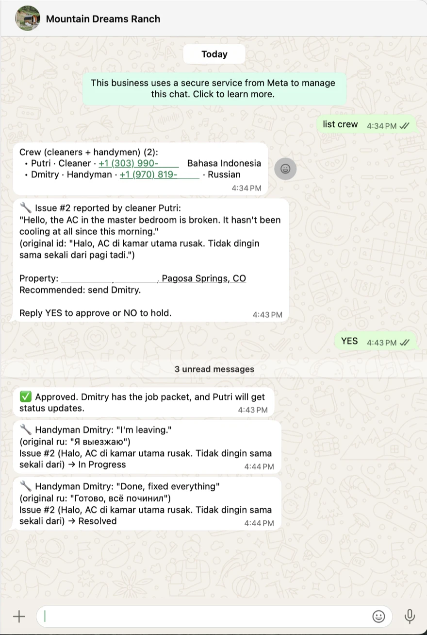 The owner's real WhatsApp thread: the cleaner's AC issue translated from Bahasa, the YES approval, and the handyman's Russian status updates translated back — from reported to resolved.